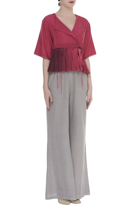 Urvashi Kaur_Pink Cotton Embroidery Collared Ikat Motif Peplum Top With Pleats And Tie-ups _Online_at_Aza_Fashions