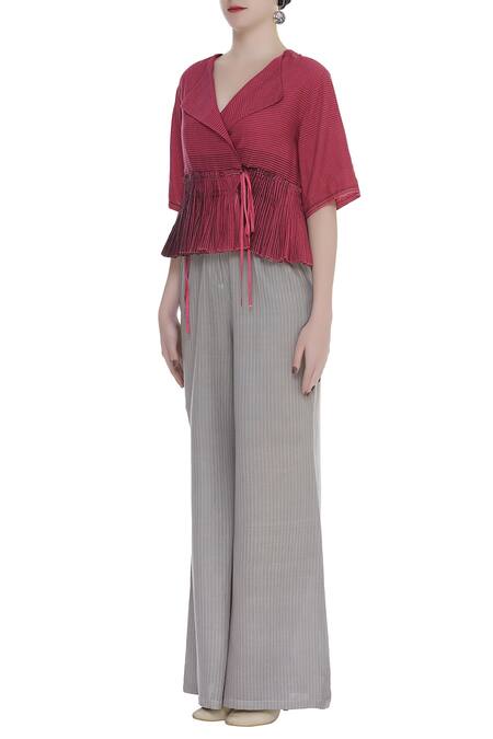 Buy_Urvashi Kaur_Pink Cotton Embroidery Collared Ikat Motif Peplum Top With Pleats And Tie-ups _Online_at_Aza_Fashions