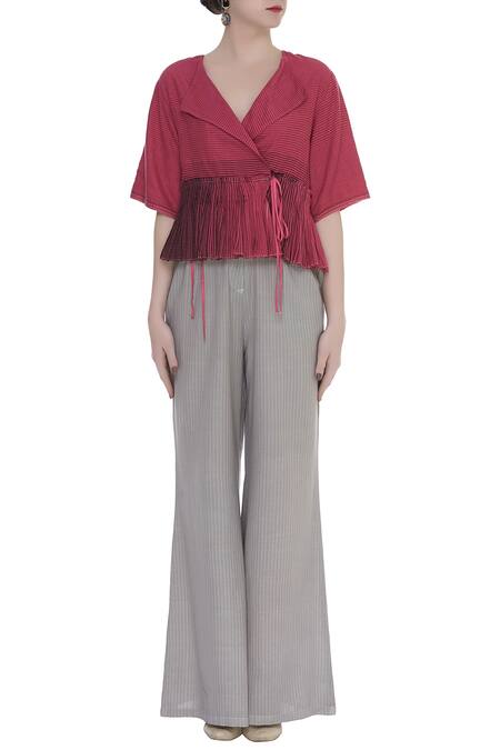 Shop_Urvashi Kaur_Pink Cotton Embroidery Collared Ikat Motif Peplum Top With Pleats And Tie-ups _Online_at_Aza_Fashions