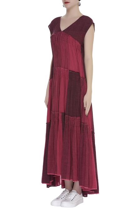 Urvashi Kaur_Pink Cotton Embroidery V-neck Ikat Motif French Knot Tiered Gown _Online_at_Aza_Fashions
