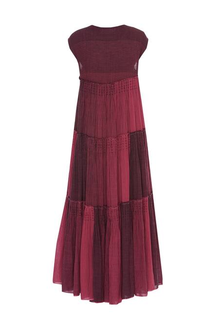 Buy_Urvashi Kaur_Pink Cotton Embroidery V-neck Ikat Motif French Knot Tiered Gown _Online_at_Aza_Fashions