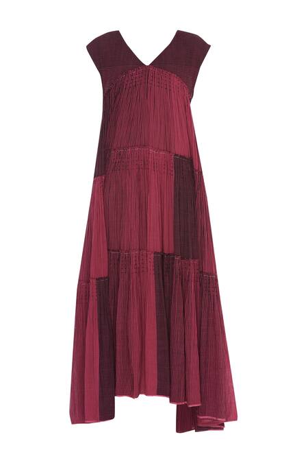 Shop_Urvashi Kaur_Pink Cotton Embroidery V-neck Ikat Motif French Knot Tiered Gown _Online_at_Aza_Fashions