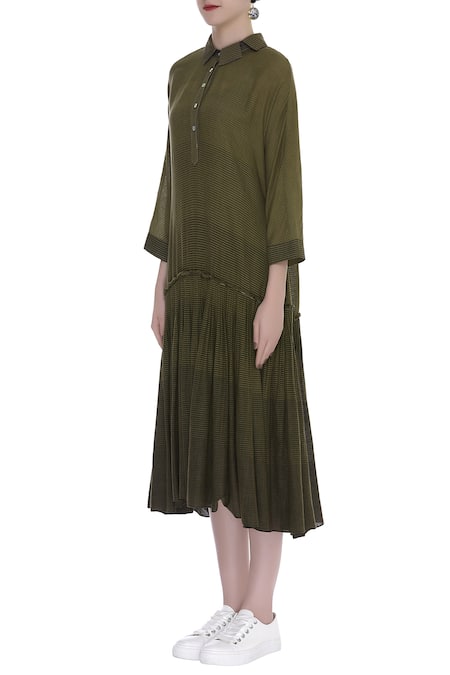 Buy_Urvashi Kaur_Green Cotton Collared Striped Drop-waist Midi Dress _Online_at_Aza_Fashions