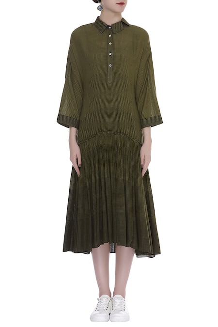 Shop_Urvashi Kaur_Green Cotton Collared Striped Drop-waist Midi Dress _Online_at_Aza_Fashions