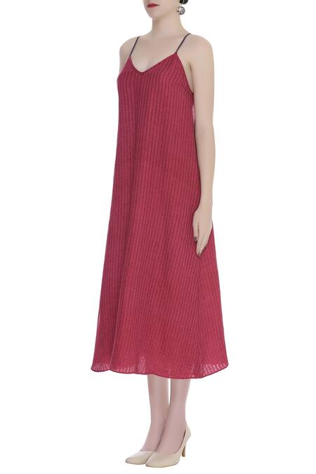 Urvashi Kaur_Pink Cotton V-neck Striped V Slip Midi Dress _Online_at_Aza_Fashions