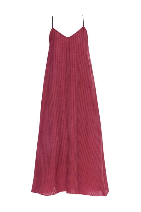 Buy_Urvashi Kaur_Pink Cotton V-neck Striped V Slip Midi Dress _Online_at_Aza_Fashions