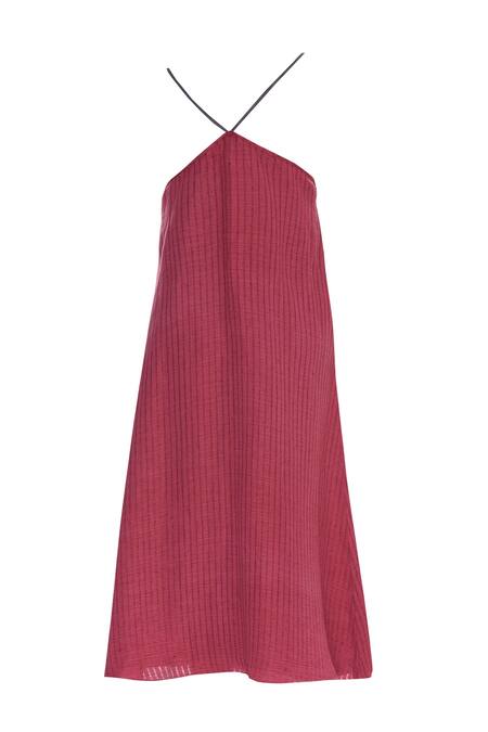Shop_Urvashi Kaur_Pink Cotton V-neck Striped V Slip Midi Dress _Online_at_Aza_Fashions