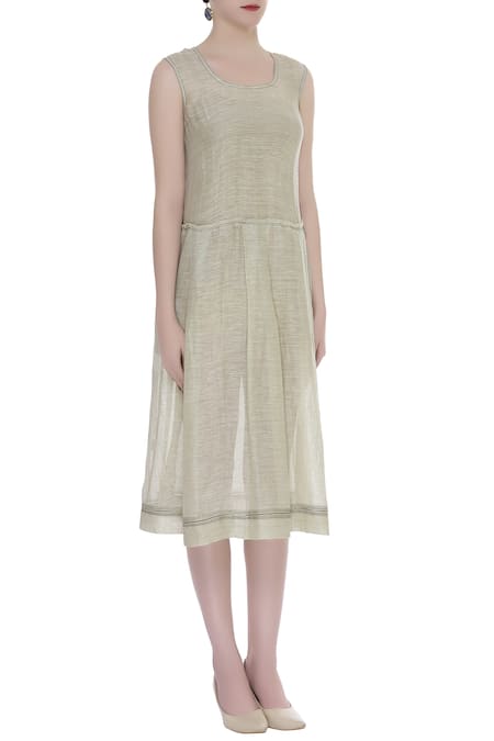 Urvashi Kaur_Green Linen, Silk Round Neck Flared Pleated Midi Dress _Online_at_Aza_Fashions