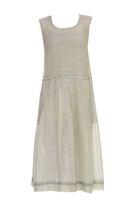 Buy_Urvashi Kaur_Green Linen, Silk Round Neck Flared Pleated Midi Dress _Online_at_Aza_Fashions