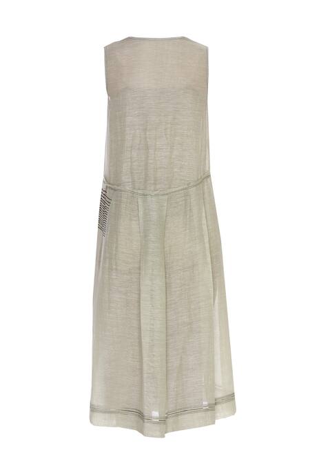 Shop_Urvashi Kaur_Green Linen, Silk Round Neck Flared Pleated Midi Dress _Online_at_Aza_Fashions