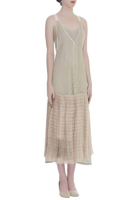 Urvashi Kaur_Cream Linen Ruffles V-neck Micro Pleated Hem Midi Dress _Online_at_Aza_Fashions