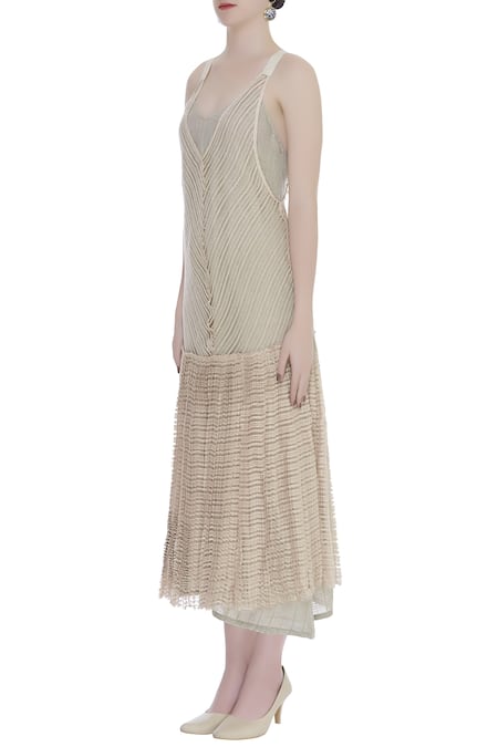 Buy_Urvashi Kaur_Cream Linen Ruffles V-neck Micro Pleated Hem Midi Dress _Online_at_Aza_Fashions