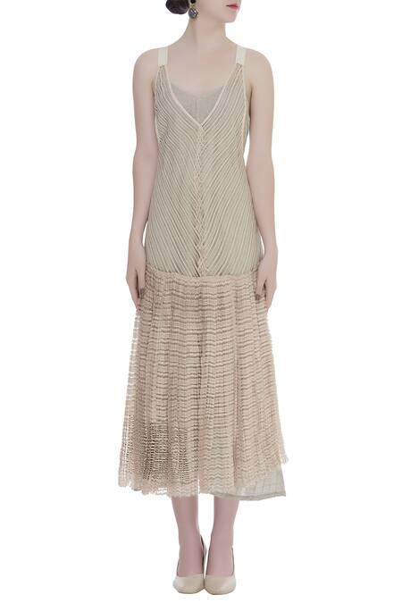 Shop_Urvashi Kaur_Cream Linen Ruffles V-neck Micro Pleated Hem Midi Dress _Online_at_Aza_Fashions