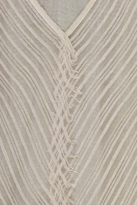 Urvashi Kaur_Cream Linen Ruffles V-neck Micro Pleated Hem Midi Dress _at_Aza_Fashions