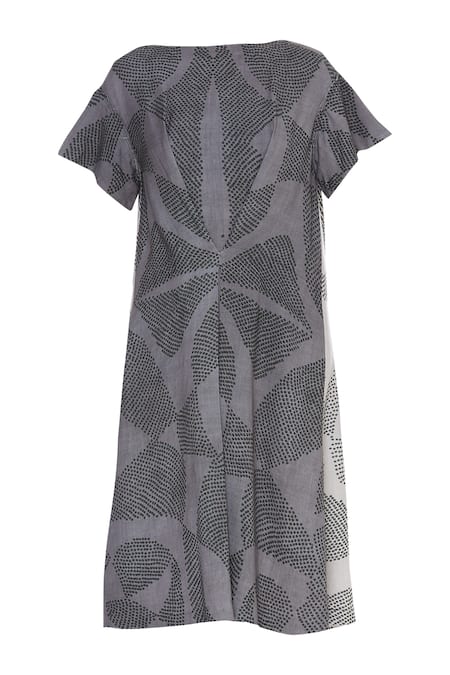 Buy_Urvashi Kaur_Gray Cotton Embroidery Round Neck Tie And Dye Midi Dress _Online_at_Aza_Fashions
