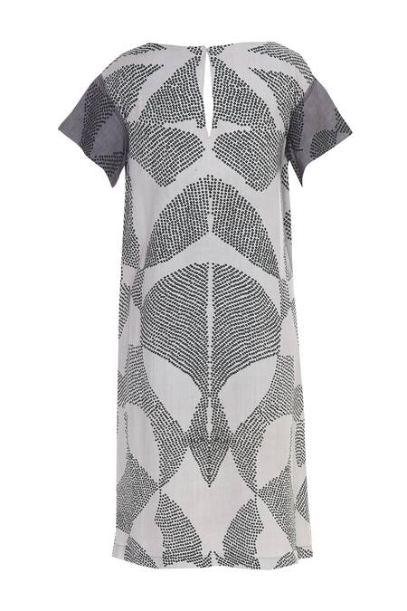 Shop_Urvashi Kaur_Gray Cotton Embroidery Round Neck Tie And Dye Midi Dress _Online_at_Aza_Fashions