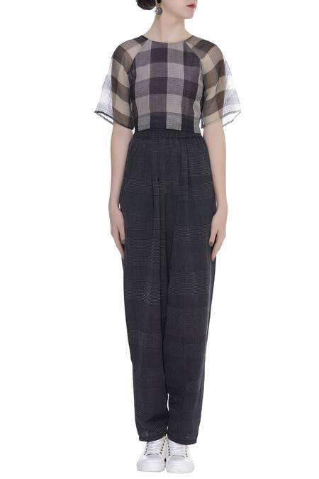 Shop_Urvashi Kaur_Black Kota Doria Round Neck Checkered Crop Top _Online_at_Aza_Fashions