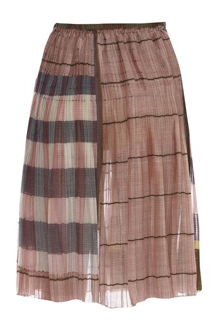 Urvashi Kaur_Brown Kota Doria Checkered And Pleated Midi Skirt _Online_at_Aza_Fashions