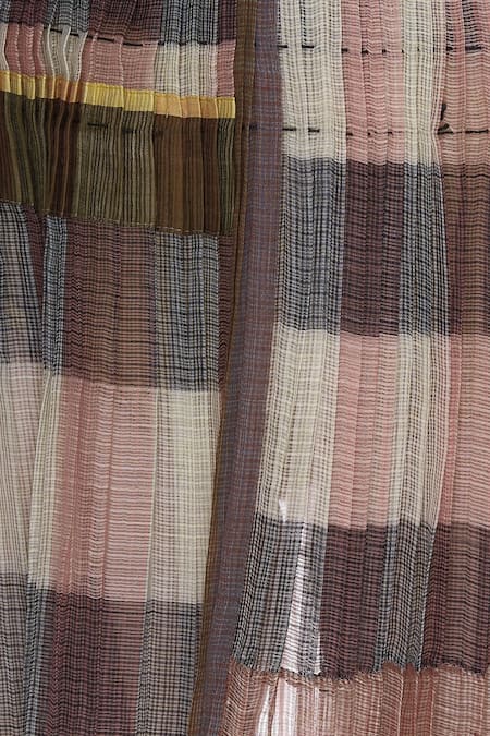 Buy_Urvashi Kaur_Brown Kota Doria Checkered And Pleated Midi Skirt _Online_at_Aza_Fashions