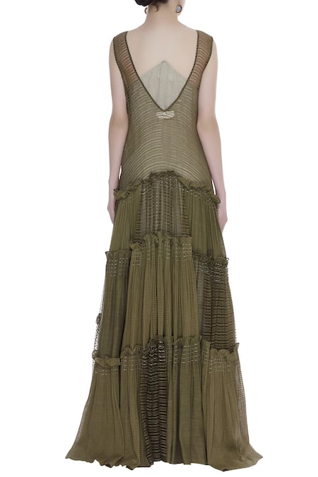 Urvashi Kaur Linen Noil Tiered Ikat Print Gown 