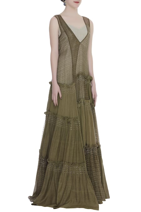 Urvashi Kaur_Green Linen Embroidery V-neck Noil Tiered Ikat Print Gown _Online_at_Aza_Fashions