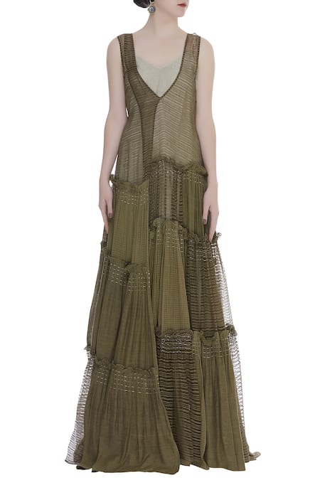 Shop_Urvashi Kaur_Green Linen Embroidery V-neck Noil Tiered Ikat Print Gown _Online_at_Aza_Fashions