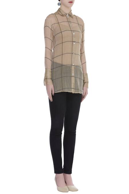 Urvashi Kaur_Brown Cotton Collared Checkered Sheer Shirt _Online_at_Aza_Fashions