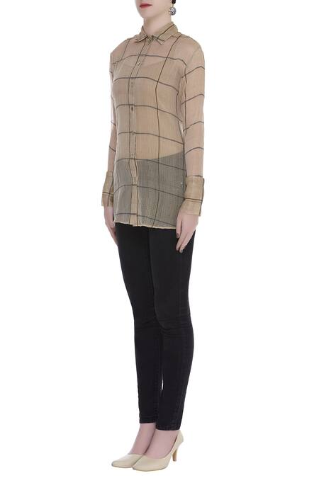 Buy_Urvashi Kaur_Brown Cotton Collared Checkered Sheer Shirt _Online_at_Aza_Fashions