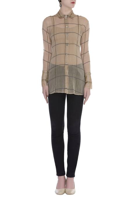 Shop_Urvashi Kaur_Brown Cotton Collared Checkered Sheer Shirt _Online_at_Aza_Fashions