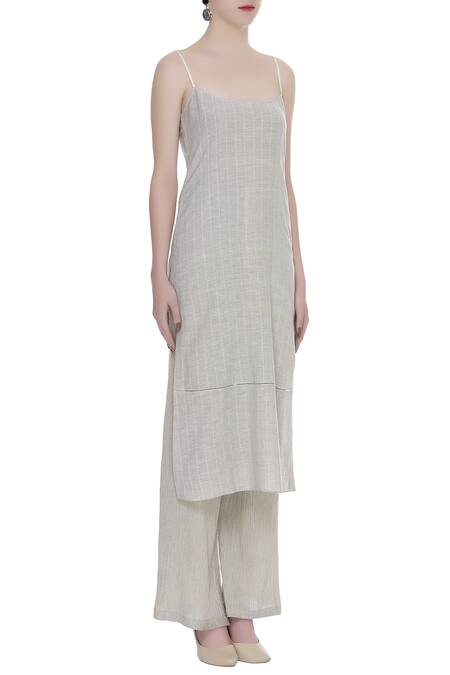 Urvashi Kaur_Gray Cotton Square Neck Noodle Strap Striped Side Slit Tunic _Online_at_Aza_Fashions