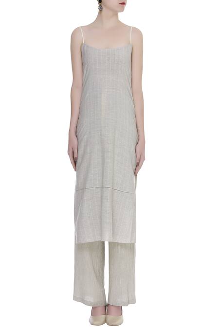 Shop_Urvashi Kaur_Gray Cotton Square Neck Noodle Strap Striped Side Slit Tunic _Online_at_Aza_Fashions