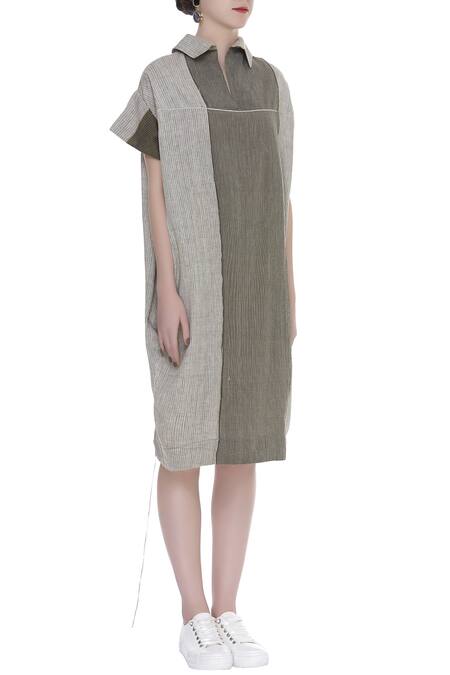 Urvashi Kaur_Gray Cotton Collared Panel Detail Shirt-style Midi Dress _Online_at_Aza_Fashions
