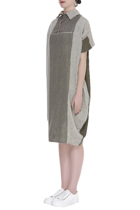 Buy_Urvashi Kaur_Gray Cotton Collared Panel Detail Shirt-style Midi Dress _Online_at_Aza_Fashions