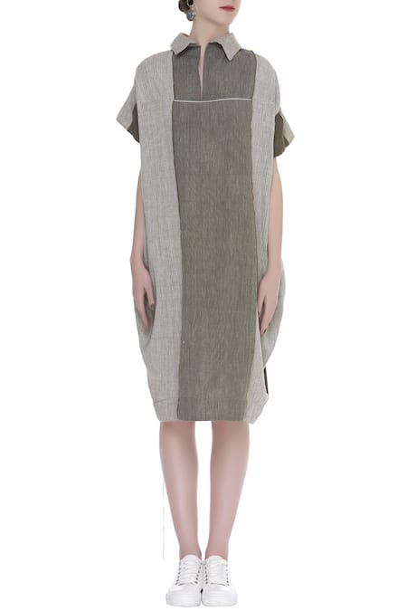 Shop_Urvashi Kaur_Gray Cotton Collared Panel Detail Shirt-style Midi Dress _Online_at_Aza_Fashions