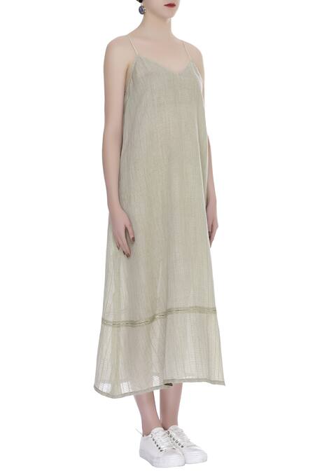 Urvashi Kaur_Gray Cotton Metallic Thread V-neck Striped V Slip Dress _Online_at_Aza_Fashions