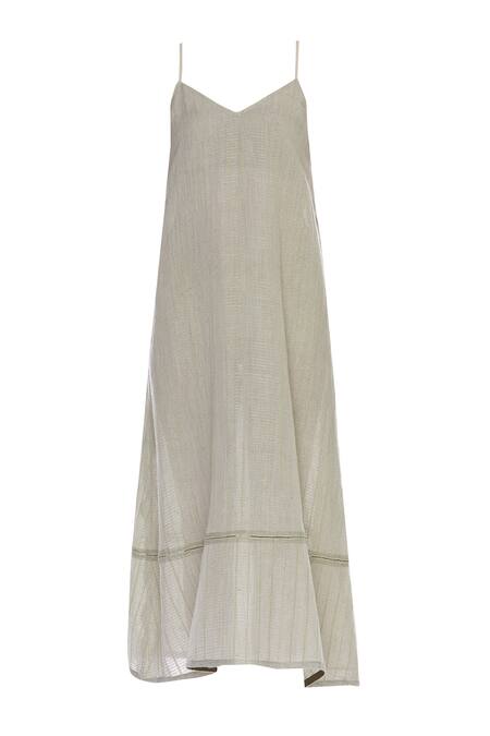 Buy_Urvashi Kaur_Gray Cotton Metallic Thread V-neck Striped V Slip Dress _Online_at_Aza_Fashions