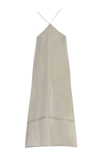 Shop_Urvashi Kaur_Gray Cotton Metallic Thread V-neck Striped V Slip Dress _Online_at_Aza_Fashions