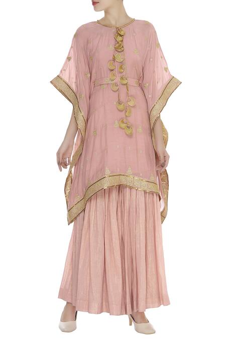 Kisneel By Pam Pink Zari Embroidered Kaftan Style Kurta Set