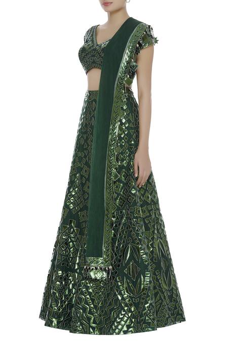 Reeti Arneja_Green Applique Leather Embroidered Lehenga Set_Online_at_Aza_Fashions