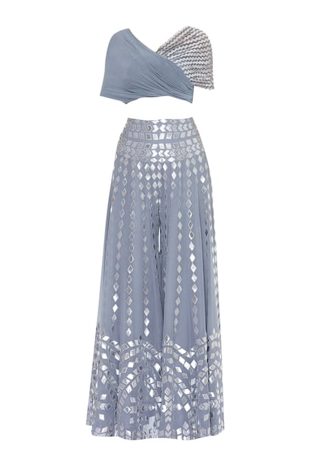 Buy_Reeti Arneja_Blue Embroidered Top Pant Set_Online_at_Aza_Fashions