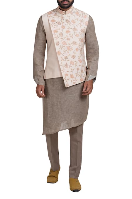 Poonam Kasera Grey Moonga Dupion Floral Embroidered Overlap Jacket With Kurta And Pant  