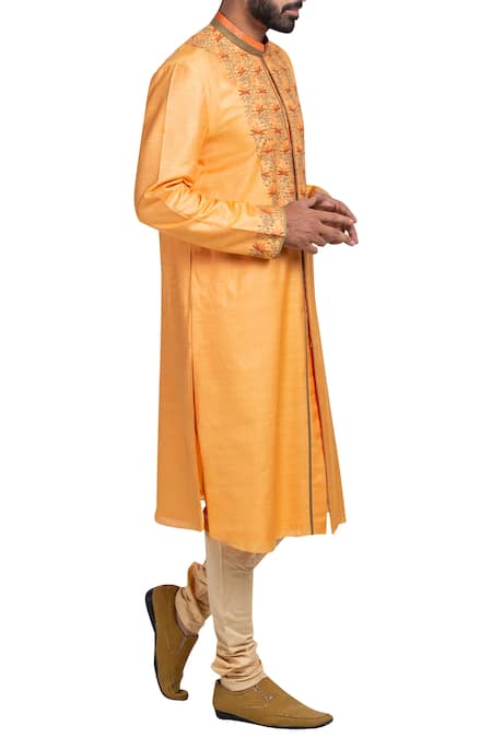 Poonam Kasera_Orange Moonga Dupion Embroidered Sherwani Set_Online_at_Aza_Fashions