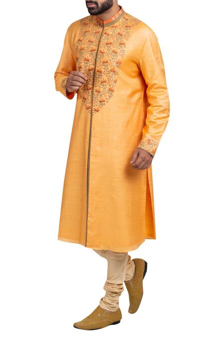 Buy_Poonam Kasera_Orange Moonga Dupion Embroidered Sherwani Set_Online_at_Aza_Fashions