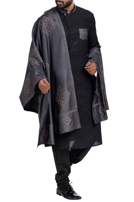 Poonam Kasera_Black Moonga Dupion Silk Embroidered Sherwani Set With Stole_Online_at_Aza_Fashions