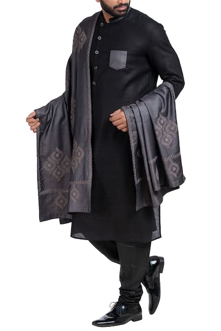 Buy_Poonam Kasera_Black Moonga Dupion Silk Embroidered Sherwani Set With Stole_Online_at_Aza_Fashions