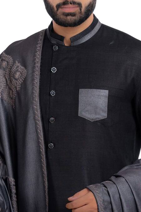 Shop_Poonam Kasera_Black Moonga Dupion Silk Embroidered Sherwani Set With Stole_Online_at_Aza_Fashions