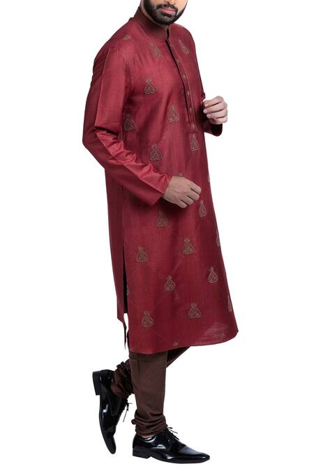Poonam Kasera_Maroon Moonga Dupion Silk Embroidered Kurta Set With Concealed Placket_Online_at_Aza_Fashions
