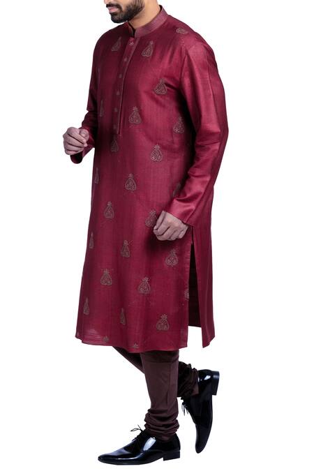 Buy_Poonam Kasera_Maroon Moonga Dupion Silk Embroidered Kurta Set With Concealed Placket_Online_at_Aza_Fashions
