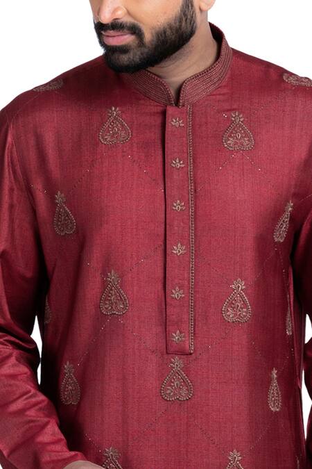 Shop_Poonam Kasera_Maroon Moonga Dupion Silk Embroidered Kurta Set With Concealed Placket_Online_at_Aza_Fashions