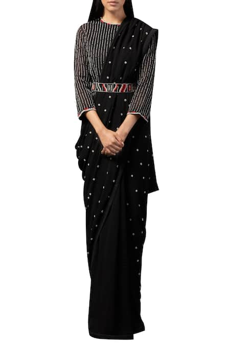 SHASHA GABA Black Silk Organza Embroidered Round Saree With Blouse And Belt  